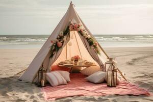 ai gerado Casamento barraca em a de praia às pôr do sol - vintage efeito estilo fotos, uma de praia conjunto acima para uma especial mãe dia passeio, ai gerado foto