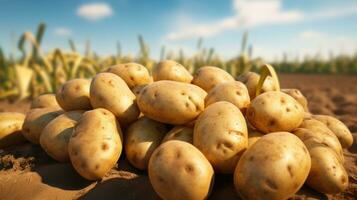 ai gerado de várias batatas dentro a campo estão deitado em a terra foto