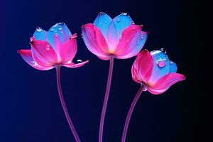 ai gerado três flor brotos com água gotícula contra uma azul fundo foto