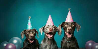 ai gerado três cachorros dentro festa chapéus em pé sobre uma Preto fundo foto