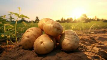 ai gerado três batatas estão dentro uma campo Como a Sol conjuntos foto