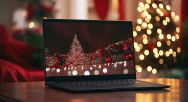 ai gerado uma computador portátil computador senta em uma mesa dentro frente do Natal decoração foto