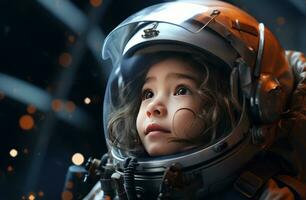 ai gerado pequeno menina astronauta dentro espaço foto