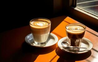 ai gerado café com leite vs café para almoço às uma popular restaurante foto