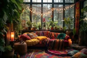 ai gerado interior do uma acolhedor vivo quarto com uma sofá, almofadas e plantas, uma boêmio estúdio apartamento com colorida tapeçarias e fada luzes, ai gerado foto