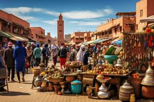 ai gerado mercado dentro marraquexe, Marrocos, uma movimentado Mercado dentro uma marroquino cidade, ai gerado foto