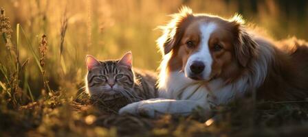 ai gerado uma cachorro e gato em Relva foto