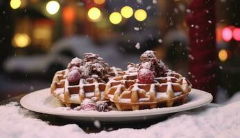 ai gerado uma branco prato do waffles sentado lado de fora dentro frente do uma neve coberto mercado foto