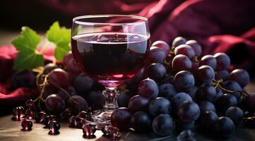 ai gerado fechar-se do uma vidro do vermelho vinho com uvas foto