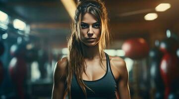 ai gerado uma mulher dentro uma Academia é soco uma boxe saco foto