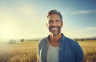 ai gerado maduro homem dentro agricultores campo sorridente dentro azul camisa foto