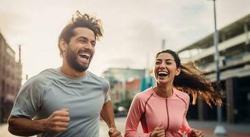 ai gerado homens e mulheres rindo enquanto corrida foto