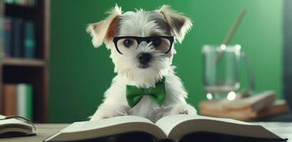 ai gerado pequeno cachorro dentro óculos lendo a livro foto