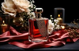 ai gerado vermelho garrafa do perfume em Preto mesa com decorações foto