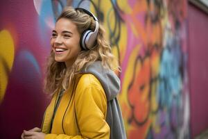 ai gerado sorridente jovem mulher com fones de ouvido inclinado contra parede com grafite foto