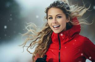 ai gerado mulheres corrida dentro a neve sorridente enquanto corrida foto