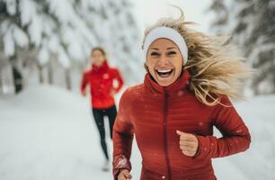 ai gerado mulheres corrida dentro a neve sorridente enquanto corrida foto