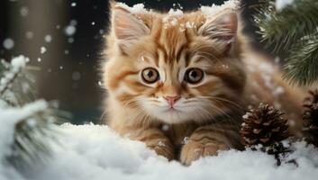 ai gerado gato boneco de neve em neve inverno foto