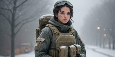 ai gerado uma mulher dentro militares engrenagem em pé dentro a neve foto