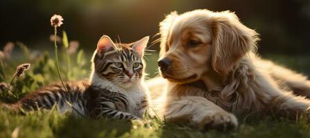 ai gerado dois cachorros e gatos deitado juntos em a Relva foto