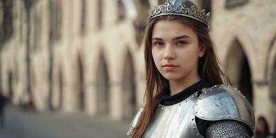 ai gerado uma jovem mulher dentro medieval armaduras em pé dentro frente do uma castelo foto