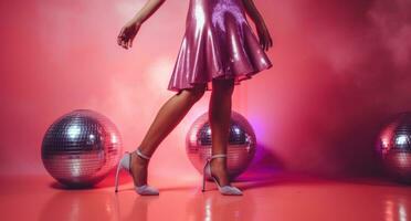 ai gerado uma mulher é em pé em uma discoteca bola dentro uma Rosa vestir com roxa Alto salto, foto