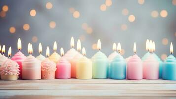 ai gerado aniversário velas em pastel fundo com cópia de espaço foto