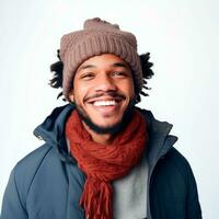 ai gerado feliz jovem afro homem sorridente vestindo inverno roupas e isolado em branco fundo. ai gerado. foto