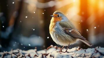 ai gerado uma pássaro às ramo - embaçado floresta Visão dentro fundo com nevando, fechar-se foto