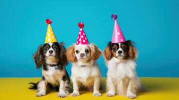 ai gerado cachorros dentro aniversário boné em vívido fundo foto