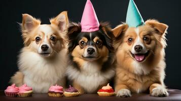 ai gerado cachorros dentro aniversário boné em vívido fundo foto