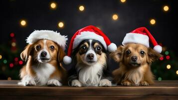 ai gerado cachorros dentro Santa chapéu em vívido fundo foto