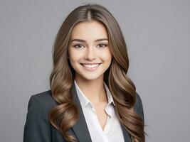 ai gerado lindo jovem o negócio mulher retrato, mulher face sorridente fofa menina com grandes cabelo estúdio tomada, isolado em cinzento fundo foto