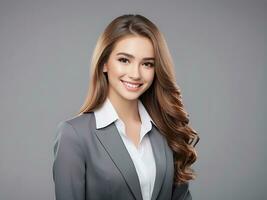 ai gerado lindo jovem o negócio mulher retrato, mulher face sorridente fofa menina com grandes cabelo estúdio tomada, isolado em cinzento fundo foto