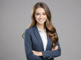 ai gerado lindo jovem o negócio mulher retrato, mulher face sorridente fofa menina com grandes cabelo estúdio tomada, isolado em cinzento fundo foto