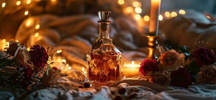 ai gerado uma garrafa do decantador em uma cama com flores e uma vela foto
