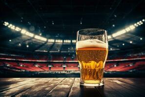 ai gerado uma vidro do Cerveja é retratado com a arena foto