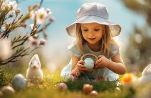 ai gerado uma pequeno menina é colheita acima Páscoa ovos dentro uma gramíneo área foto