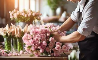 ai gerado uma homem dentro a avental arranjo flores dentro containers foto