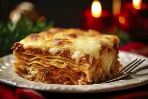 ai gerado tradicional italiano Comida Lasanha com carne molho. ai gerado foto