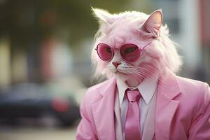 ai gerado uma gato é vestindo oculos de sol, terno e em pé em rua. ai gerado foto