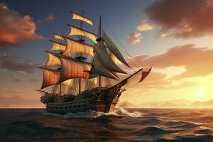 ai gerado pirata navio Navegando em a oceano às pôr do sol. vintage cruzeiro. ai gerado foto