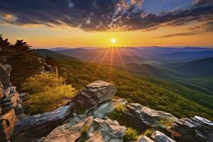 ai gerado pôr do sol em pedregoso homem montanha. ai gerado foto