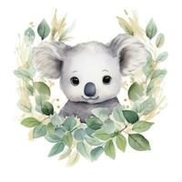 ai gerado feliz fofa coala dentro folhas dentro a aguarela estilo em a branco fundo. ai gerado foto