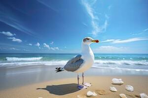 ai gerado gaivota em a de praia debaixo azul céu. foto