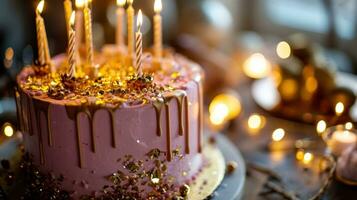 ai gerado uma Rosa aniversário bolo adornado com ouro gotejamento gelo foto