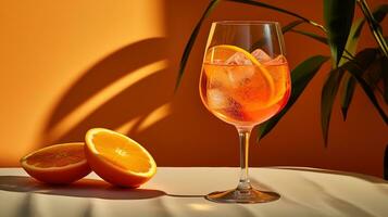 ai gerado generativo ai, vidro do aperol spritz coquetel em de madeira mesa com Sol luzes e sombras, estético ainda vida foto