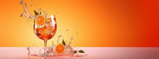 ai gerado generativo ai, vidro do aperol spritz em neutro fundo com salpicos, cópia de espaço para publicidade foto