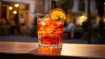 ai gerado generativo ai, vidro do aperol spritz em de madeira mesa com borrão fundo com luzes do rua bar, cafeteria ou restaurante foto