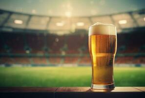 ai gerado a esvaziar Cerveja vidro sentado em uma futebol campo foto